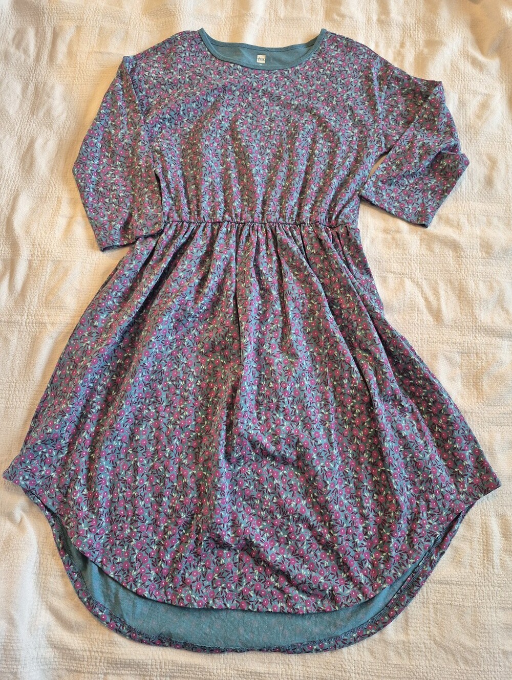 Tea Collection girls 14 3/4 sleeve midi dress purple on teal ditsy floral print